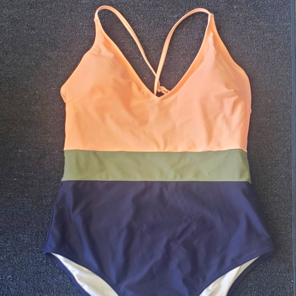 Cupshe one piece bathing suit, XL, colorblock light pink~sage~navy blue